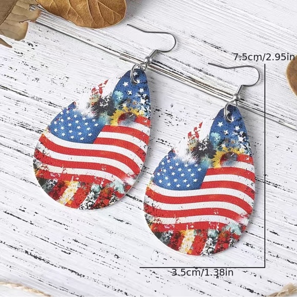 Flag teardrop earrings. Light wt faux leather. Bright design both sides. 3” NIP - Picture 5 of 6